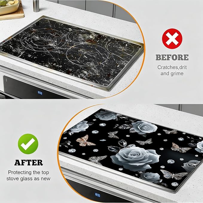 Black Rose Butterfly Stove Top Cover 28.3 x 20.5 Inches, Heat Resistant Glass - Image 5