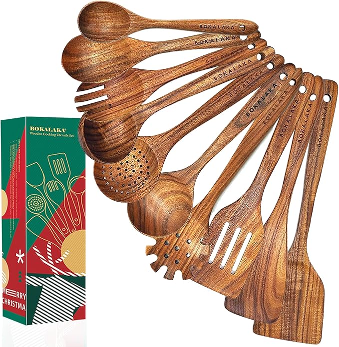 Christmas Wooden Spoons for Cooking,10 Pcs Natural Teak Wooden Kitchen Utensils Set Wooden Cooking for Xmas Kitchen Supplies(10 PCS Xmas Gift)