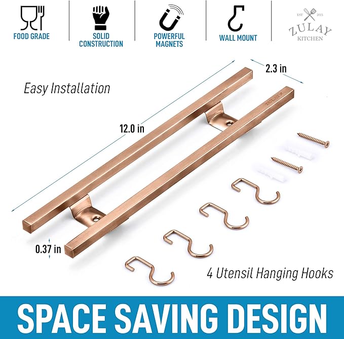 Zulay (12 Inch) Stainless Steel Magnetic Knife Holder For Wall - Powerful Knife Magnetic Strip With Extra Hanging Hooks - Wall Mount Magnetic Knife Strip & Organizer For Kitchen & Tools (Copper)