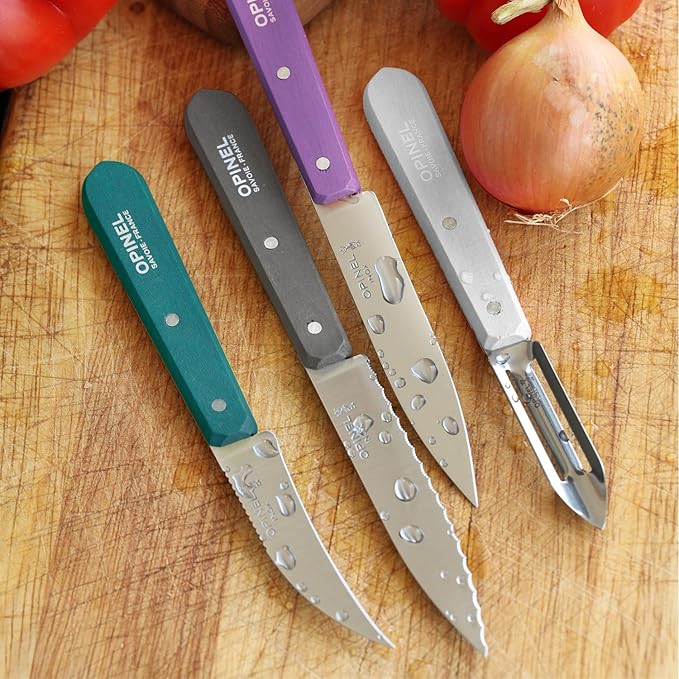 Opinel Les Essentials Small Kitchen 4 Piece Knife Set - Paring Knife, Serrated Knife, Peeler, Vegetable Knife, Corrosion Resistant High Carbon Steel, Made in France (Art Deco)