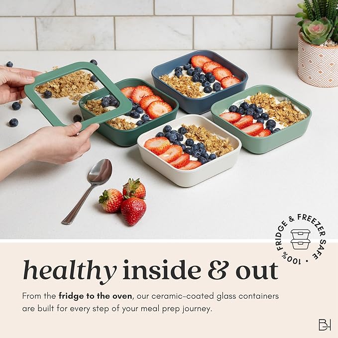 Ceramic Coated Glass Food Storage Container | No PTFE, PFOA, PFAS, and BPA | Reusable Non Toxic Meal Prep Container with Glass Lid | Easy To Store | 8 Cup Square [Pine]