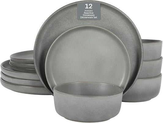 Gibson Elite Pasco 12 Piece (Service for 4) Plates and Bowls Reactive Glaze Dishes Stoneware Ceramic Dinnerware Set - Grey