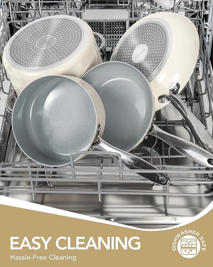 MICHELANGELO Ceramic Pots and Pans Set Non Stick - 8 Pcs Ceramic Cookware Set Non Toxic, Healthy Cooking Set with Ergonomic Handle, Oven Safe & Compatible with All Stovetops - Cream