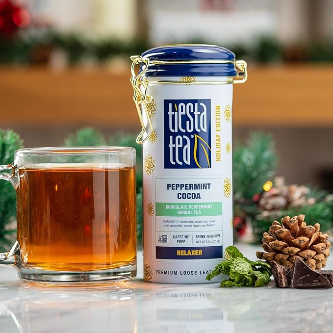 Tiesta Tea - Holiday Loose Leaf Tin Gift Box, High to Non Caffeinated Tea Variety Pack, Make Hot & Iced, 3 Tins of Assorted Holiday Blends, Fireside Spice, Peppermint Cocoa & Cocoa Mocha