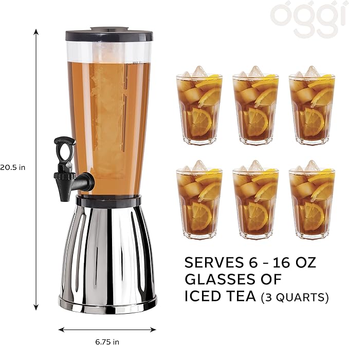 OGGI Beverage Dispenser - 3-quart / 6-Pints, Perfect for Parties, Use as Alcohol, Water, Lemonade Dispenser & More