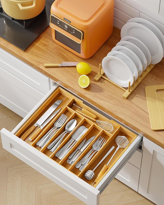 Kitsure Extra Large Bamboo Silverware Organizer - Expandable Drawer Organizer for Utensil, Cutlery and Flatware, Kitchen Storage Solution with 6 to 8 Slots, Natural, 19.7" × 15.4" × 2.0"