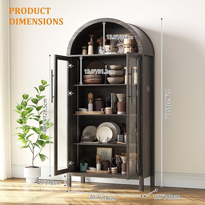 Arched Kitchen Pantry Cabinet with Glass Doors, Display Curio Case with 3 Color LED Lights for Collectibles, Modern 5-Tier Storage Hutch Cabinet Brown