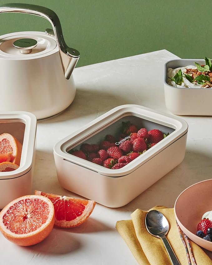 Caraway 2pc Glass Food Storage Set - 6.6 Cup Food Containers (2) - Ceramic Coated - Non Toxic, Non Stick Lunch Box with Lids. Dishwasher, Oven, & Microwave Safe - Sage