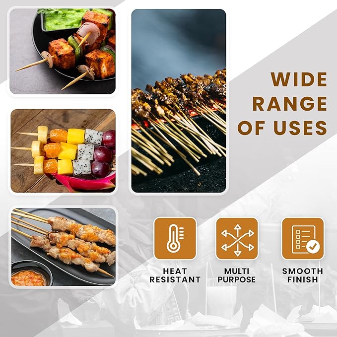 DecorRack 8" Natural Bamboo Skewers Sticks, 100 Wood Skewers for Grilling, BBQ, Kabob, Appetizers, Fruits, Smores, Cocktail, Brunch, Fondue Sticks, Barbeque, DIY Crafting, 8 inch (100 pack)