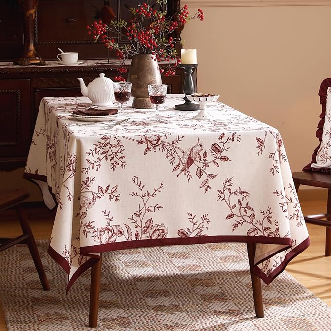ISAENNE Designer Vintage Linen Small Rectangular Tablecloth,Red Floral Pattern Linen Stain Resistant Table Cloth,Decor Tablecloths for Dining Thanksgiving Kitchen Tea Party,55"*71"-Harmony