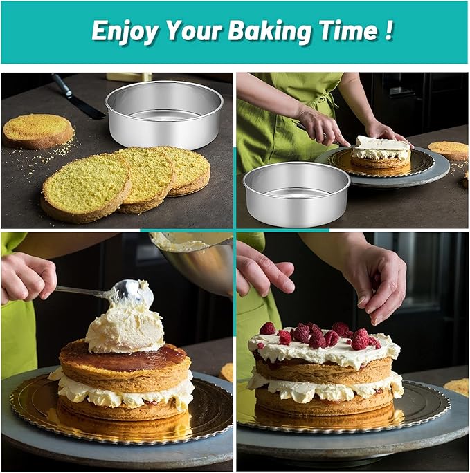 TeamFar Round Cake Pan, 8’’ x 3’’ Stainless Steel Deep Baking Roasting Cake Pan for Birthday Party Wedding, Non-Toxic & Heavy Duty, Deep & Straight Wall, Mirror Finish & Dishwasher Safe