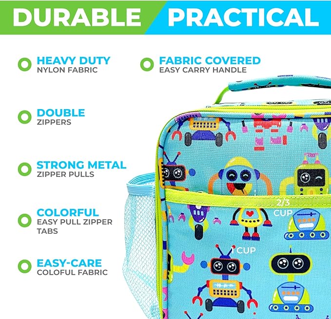 kinsho Bento Lunch Box and Insulated Bag, Water Bottle & Ice Pack Set for Kids Toddlers, 4 Portion Sections, Removable Tray, PreSchool Kid Toddler Daycare Lunches, Snack Container, Robot