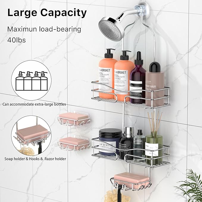 Over the Shower Head Caddy - 3 Tier Shower Caddy Hanging, Rustproof, Bathroom Rack Organizer With Hooks, Razor&Soap Holder, Brushed Nickel