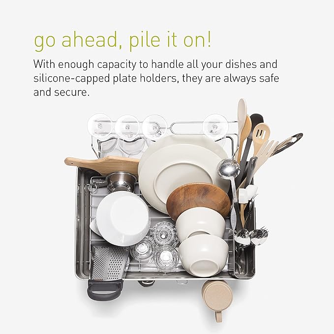 simplehuman Large Capacity Dish Drying Rack with Stainless Steel Frame, 360º Easy Drain Swivel Spout, Utensil & Wine Glass Holder, Anti-Residue Coating, Moisture Control Surface, Grey