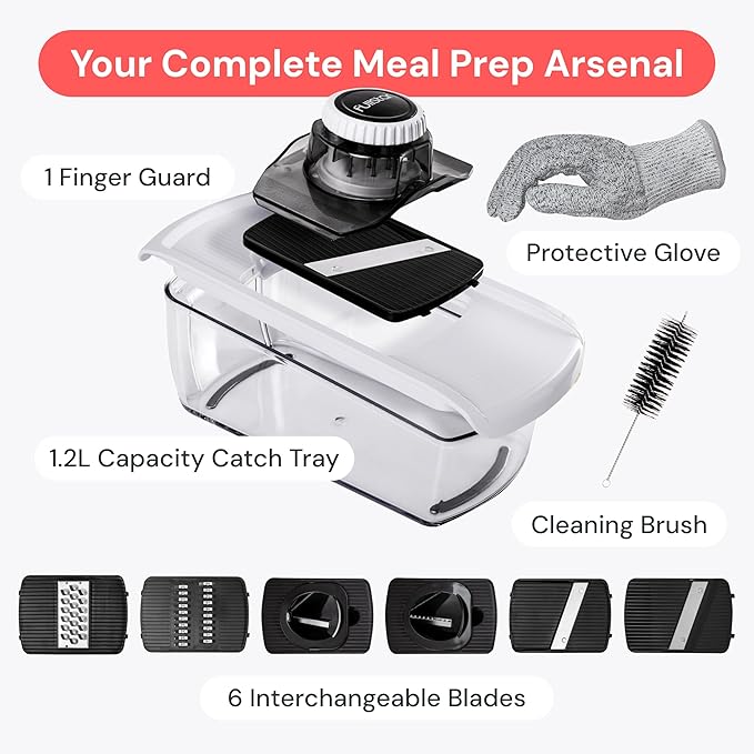 Fullstar Mandoline Slicer for Kitchen, Fruit Cutter, Cheese Grater, Cucumber Slicer, Veggie Spiralizer, Food Cutter & Kitchen Gadgets & Gifts with Safety Glove (6 in 1, Gray/Green)