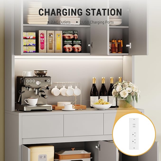 Garvee Kitchen Pantry Cabinet,71 in Tall Storage Cabinet with Doors&Shelves Adjustable, Kitchen Storage Hutch with Microwave Shelf, Led Lights&Charging Station,Corner Pantry Cabinet