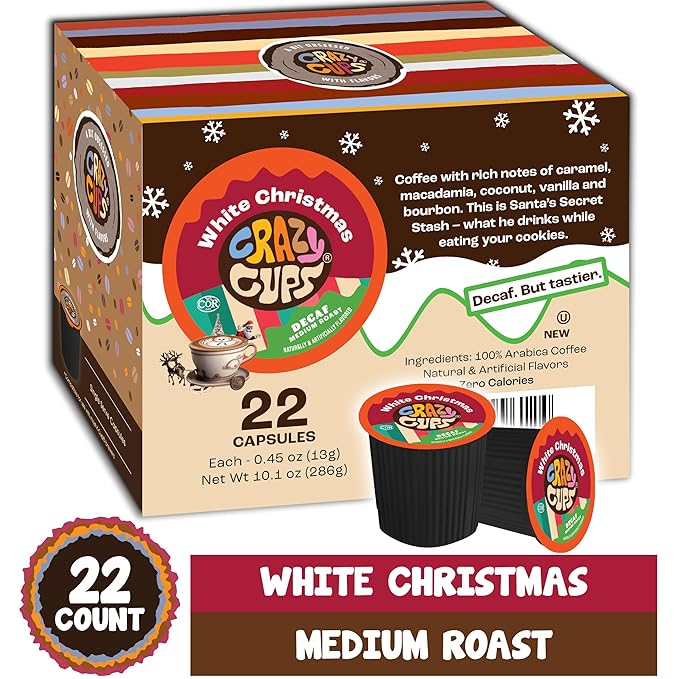 Crazy Cups Decaf White Christmas Flavored Coffee Pods, Decaf Holiday Coffee, Single Serve Coffee for Keurig K Cups Machines, Medium Roast Coffee, 22 Count