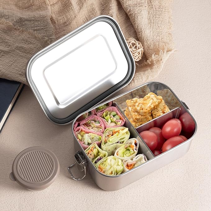 GOLDEN KEY Stainless Steel Lunch Box for Kids,BPA Free Bento Box for Kids with Leakproof Condiment Container,3 Compartment Bento box for School and Eating Out,Freezer & Dishwasher Safe(Brown)