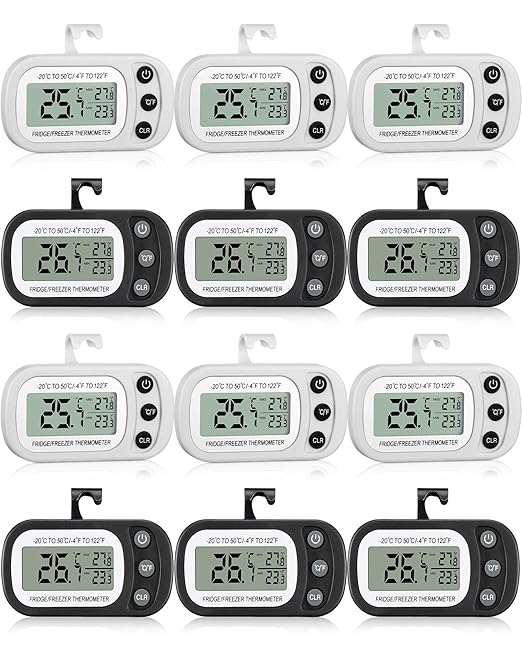 Frienda 12 Pack Black and White Digital Fridge Thermometer Waterproof Refrigerator and Freezer Room Max/min Record Function LCD Screen Refrigerator Thermometer with Hook and Magnetic Back for Home