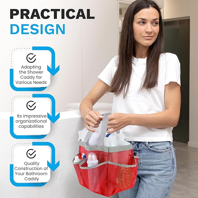 Handy Laundry Mesh Shower Caddy - 7 Pocket Portable Bathroom Organizer Tote for Travel, Gym & Dorm - Collapsible Small Shower Caddy Bag to Hold Toiletries & Essentials (Pink)