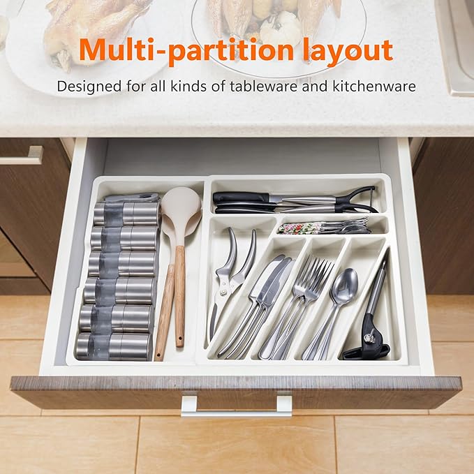 Li&Zhao Silverware Organizer - Expandable Kitchen Drawer Organizer Cutlery Drawer Organizer Flatware Organizer for Drawer Utensil Tray for Kitchen Plastic Silverware Holder for Spoons Knives Forks