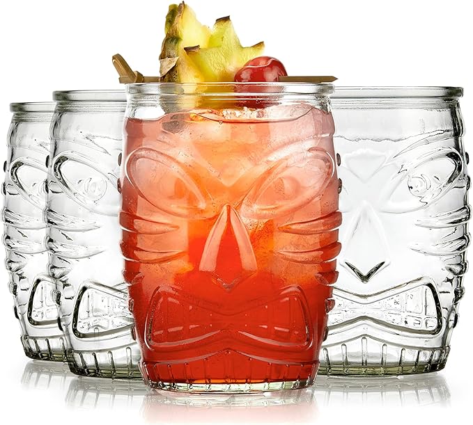 Libbey Tiki Statue Rocks Glasses Set, Iconic Mid Century Short Drinking Glasses Set of 4, Modern Cocktail Drinking Glasses for Backyard Parties
