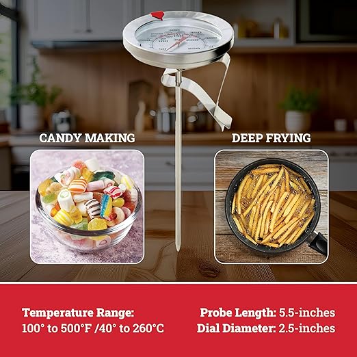 Escali AHC1 Stainless Steel Deep Frying and Candy Thermometer with Pot Clip, 5-Inch Probe with Candy Temperature Zones, NSF Certified