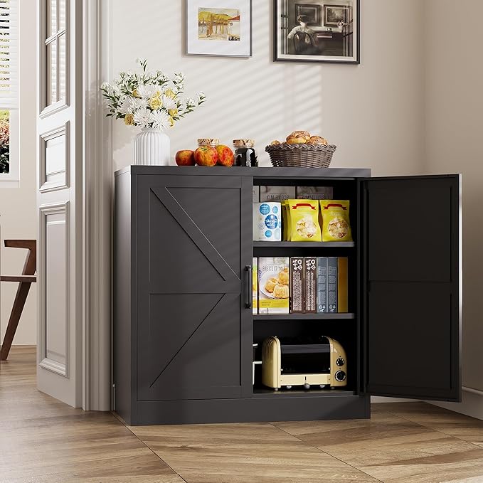 Black Storage Cabinet with Doors and Adjustable Shelves,36" Tall Farmhouse Food Pantry Cabinets,Small Sideboard Cabinet,Short Metal Storage Cabinets for Home Kitchen,Dining/Living/Laundry/Room