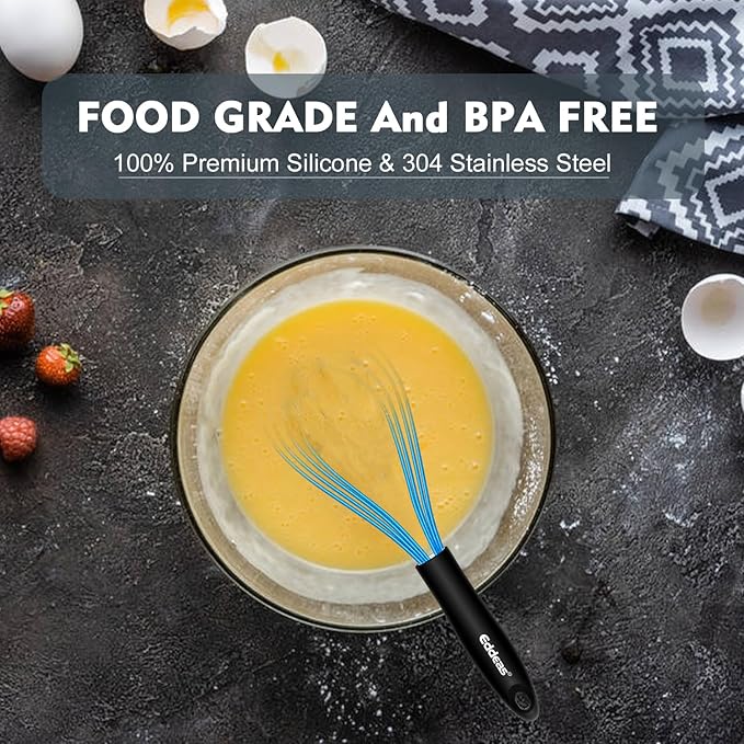 Silicone Whisk, Non Scratch Whisk for Cooking, 5+7+9+11in Balloon Whisks, Suitable for Mixing, Blending. 11in Flat Whisks great for Ceramic Coated pans and Wider shallower pots. (Blue)