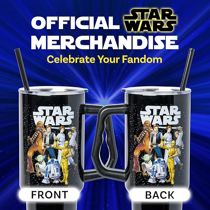 Silver Buffalo Star Wars Featuring Chewbacca, Yoda, R2-D2, C-3PO, Princess Leia, Han Solo, and Luke Skywalker Stainless Steel Tumbler with Handle and Straw, Fits in Standard Cup Holder, 40 Ounces