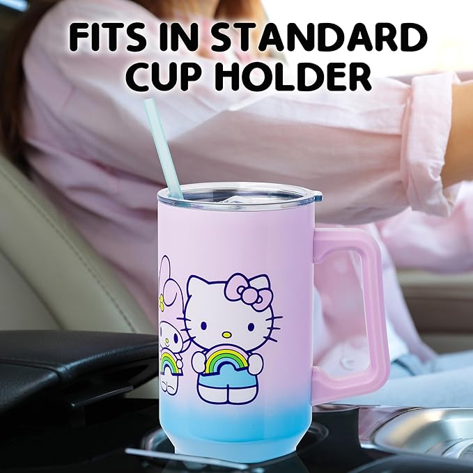Silver Buffalo Sanrio Hello Kitty and Friends Featuring My Melody, Kuromi, and Pompompurin Rainbow Ombre Stainless Steel Tumbler with Handle and Straw, Fits in Standard Cup Holder, 40 Ounces
