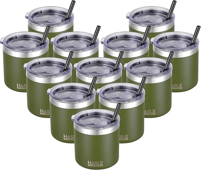 HASLE OUTFITTERS 10oz Insulated Tumblers with Lid and Straw,Stainless Steel Tumbler Travel Coffee Mug,Double Wall Reusable Tumbler Cup for Iced and Hot Drinks（Army Green，12 Pack