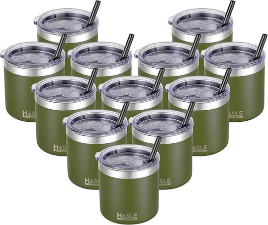 HASLE OUTFITTERS 10oz Insulated Tumblers with Lid and Straw,Stainless Steel Tumbler Travel Coffee Mug,Double Wall Reusable Tumbler Cup for Iced and Hot Drinks（Army Green，12 Pack