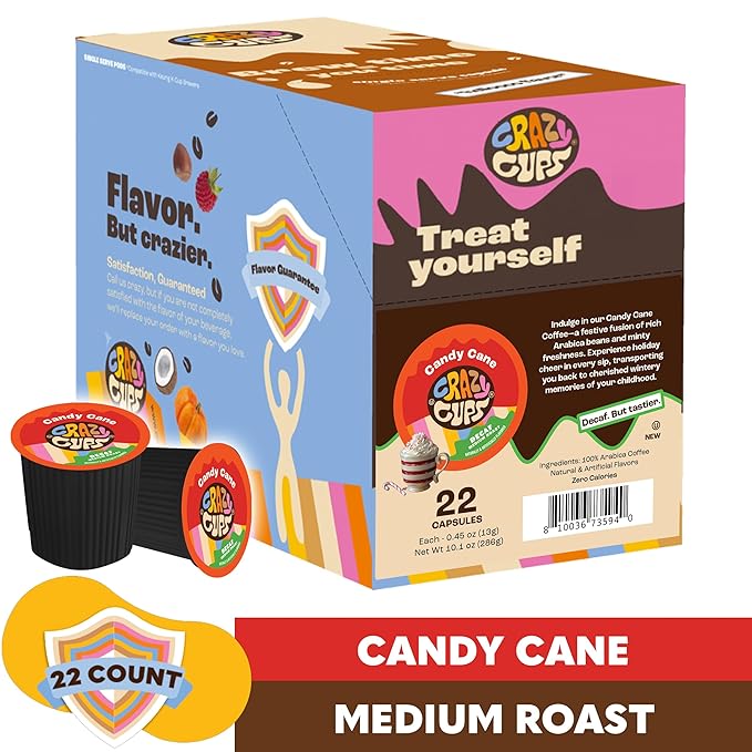 Crazy Cups Candy Cane Coffee Flavored Coffee Pods, Medium Roast Holiday Flavored Decaf Coffee, Festive Candy Cane Decaf Holiday Coffee for Keurig K Cup Brewers, 22 Count (Pack of 2)