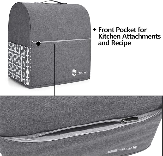 Yarwo Stand Mixer Cover Compatible with 6-8 Quart KitchenAid Mixer, Protective Dust Cover with Top Handle and Pockets for Accessories, Gray with Arrow