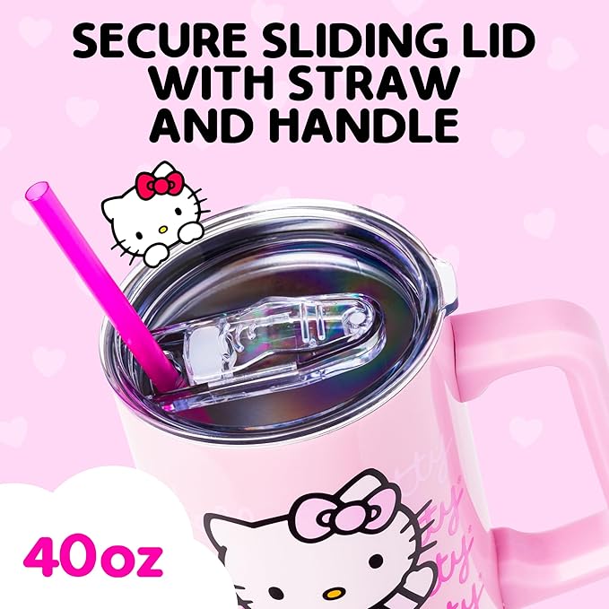Silver Buffalo Sanrio Hello Kitty Waving Stainless Steel Tumbler with Handle and Straw, Fits in Standard Cup Holder, 40 Ounces