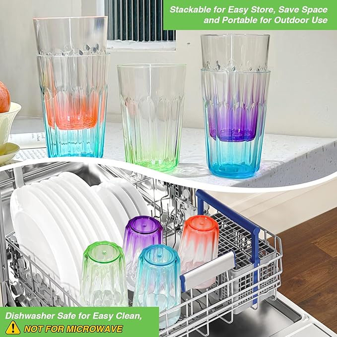 Plastic Drinking Glasses Set of 8, Plastic Cups Reusbale Tumblers for Kitchen Camping, Water Cup Set with Gradient Color, Unbreakable Bathroom Cups, BPA Free, Dishwasher Safe, 15.2oz, 4 Colors,8 Pack