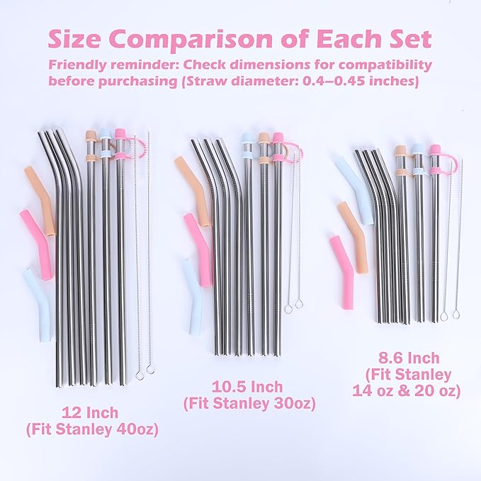 Stainless Steel Straws with covers fit Stanley 14oz & 20oz tumbler, Reusable 8.6 Inch Straw with Silicone Tips & Cover Caps, Compatible with Stanley Quencher H2.0 (6 Pack: 3 Bent + 3 Straight)