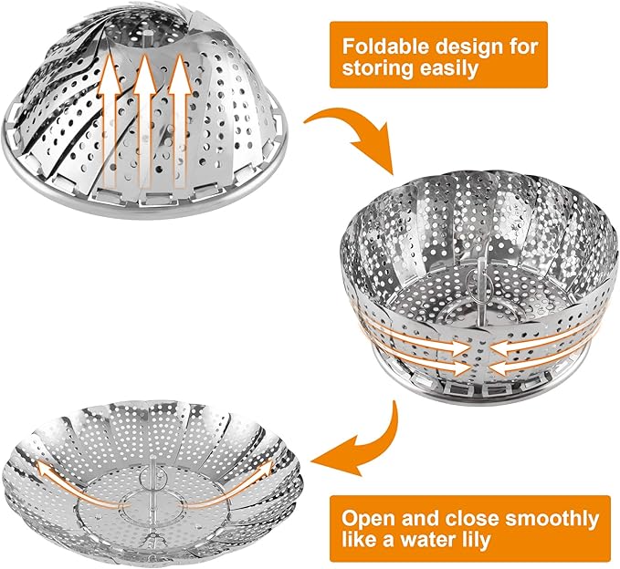 Steamer Basket, Stainless Steel Vegetable Steam Baskets for Steaming Cooking Expandable to Fit Various Size Pot (5.5" to 9.3")