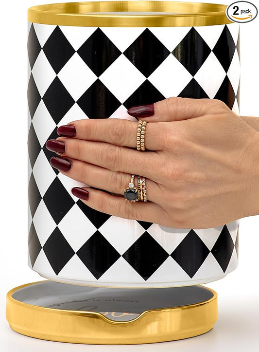 STYLED SETTINGS Black & White Checkered Utensil Holder Set – Large Ceramic Kitchen Utensil Holder for Countertop with Gold Spoon Rest – Stylish Checkered Kitchen Decor & Organizer