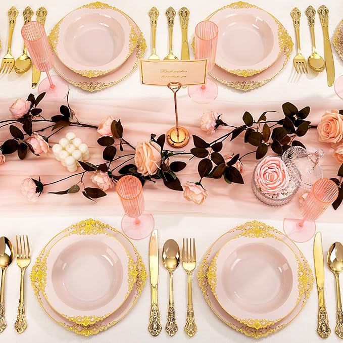 100PCS Pink Plastic Bowls - 12 oz Pink Gold Disposable Salad Bowls - Heavy Duty Disposable Soup Bowl - Fancy Plastic Ice Cream Bowl for Weddings Parties Dinners Picnics