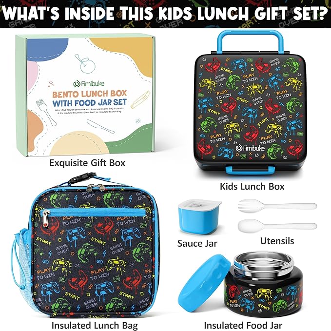 Fimibuke Bento lunch Box Set for Kids Adult with 8oz Thermos Food Jar, Insulated Lunch Bag &Sauce Cup, Leakproof Dishwasher Safe Toddler Lunch Food Container with 3-4 Compartment for School Girls Boys
