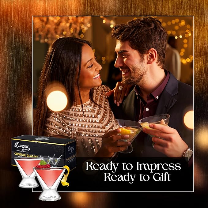 Dragon Glassware Stemless Martini Glasses - 7 oz Clear Set of 2 - Double Wall Insulated Cocktail Glass Set - Unique and Fun Gift for Espresso Martini Lovers
