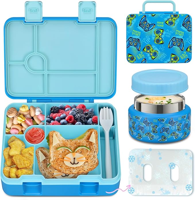 Bento Lunch Box Kids and 9oz Soup Thermos – 5.5-Cup Leakproof Kids Bento Box with Ice Pack & 9oz Insulated Food Jar – Hot & Cold Food Lunch Container for Boy Girl School, Blue Set