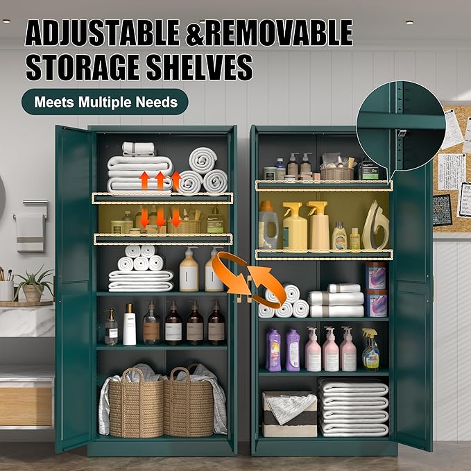 71" Tall Metal Storage Cabinet, Kitchen Pantry Storage Cabinets with Doors and 4 Shelves, Food Pantry Cabinet, Large Cupboard, Utility Steel Cabinets for Dining, Kitchen, Living Room, Green