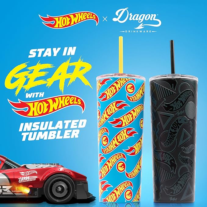 Dragon Glassware x Hot Wheels Insulated Tumbler with Lid and Straw - 24 oz Tumbler Cup with 2 Straws - Stainless Steel Tumbler with Straw for Water, Iced Tea - Travel Coffee Tumbler - Race Team
