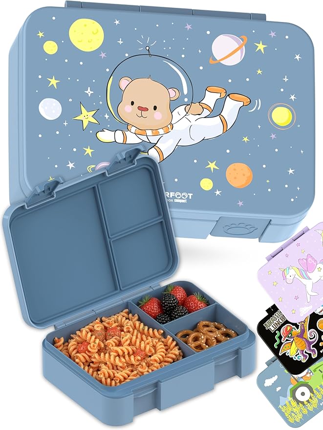 Kids Lunch Box with Compartments – Compact & Lightweight | Leak-Proof, BPA-Free, Dishwasher & Microwave Safe | Hand-Drawn Design for Preschool, School, Travel (Astro Bear Blue, 4 Cups)