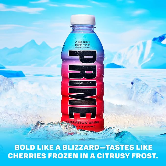 PRIME Hydration CHERRY FREEZE, Sports Drinks, Electrolyte Enhanced for Replenishing Fluids, 250mg BCAAs, B Vitamins, Antioxidants, Low Sugar, 16.9 Fl Oz, 12 Pack