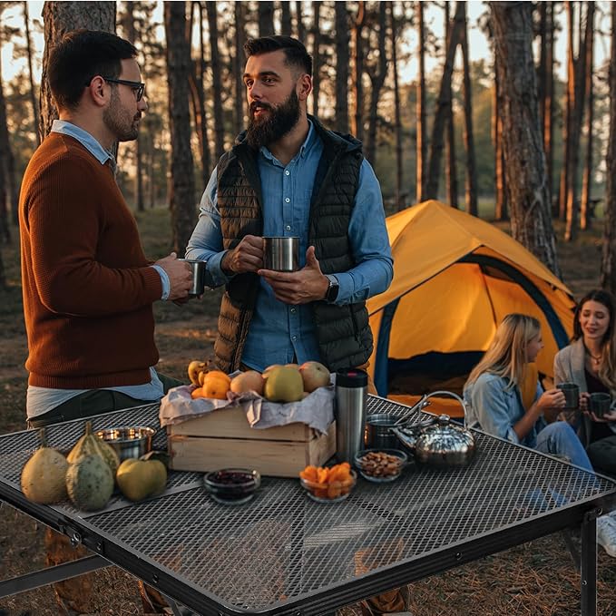 Square Folding Table with Adjustable Height (12" & 26"), Black Portable Metal Mesh Table for Camping, BBQ, Picnic, Garden, Patio & Indoor Use, Fits 2–4 People, Lightweight 7.6 lb, Supports 66 lb