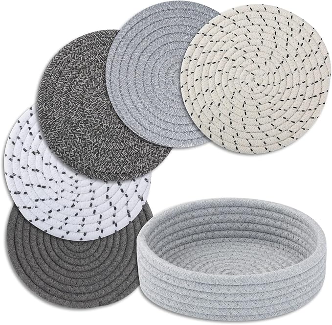 Trivets for Hot Dishes, Pots and Pans, Hot Pads with Storage Basket, Pot Holders for Kitchen, Heat Resistant Mat Protect Counter Home Essentials, Farmhouse Decor (Mix Gray 5 PCS)